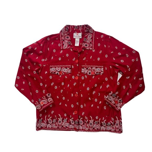 Vintage Quacker Factory Red Bandana Paisley Print Beaded Cotton Trucker Jacket - Picture 1 of 5